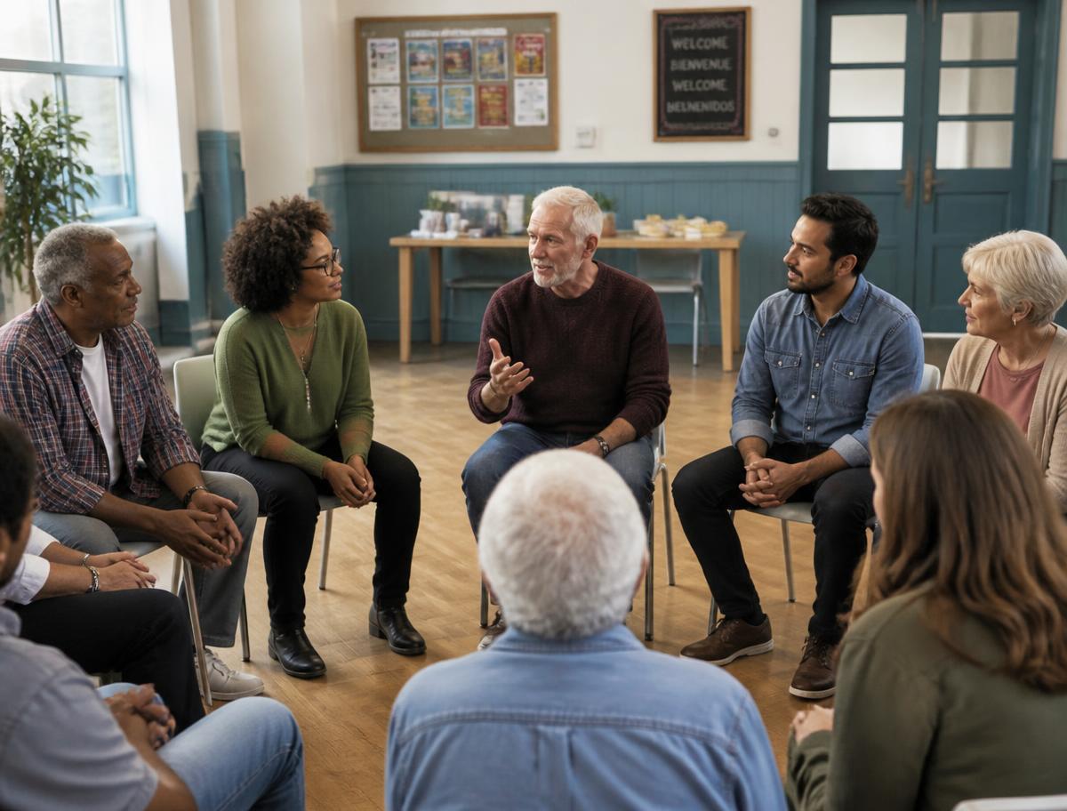 Grupo de pessoas reunidas em círculo dialogando em um espaço comunitário